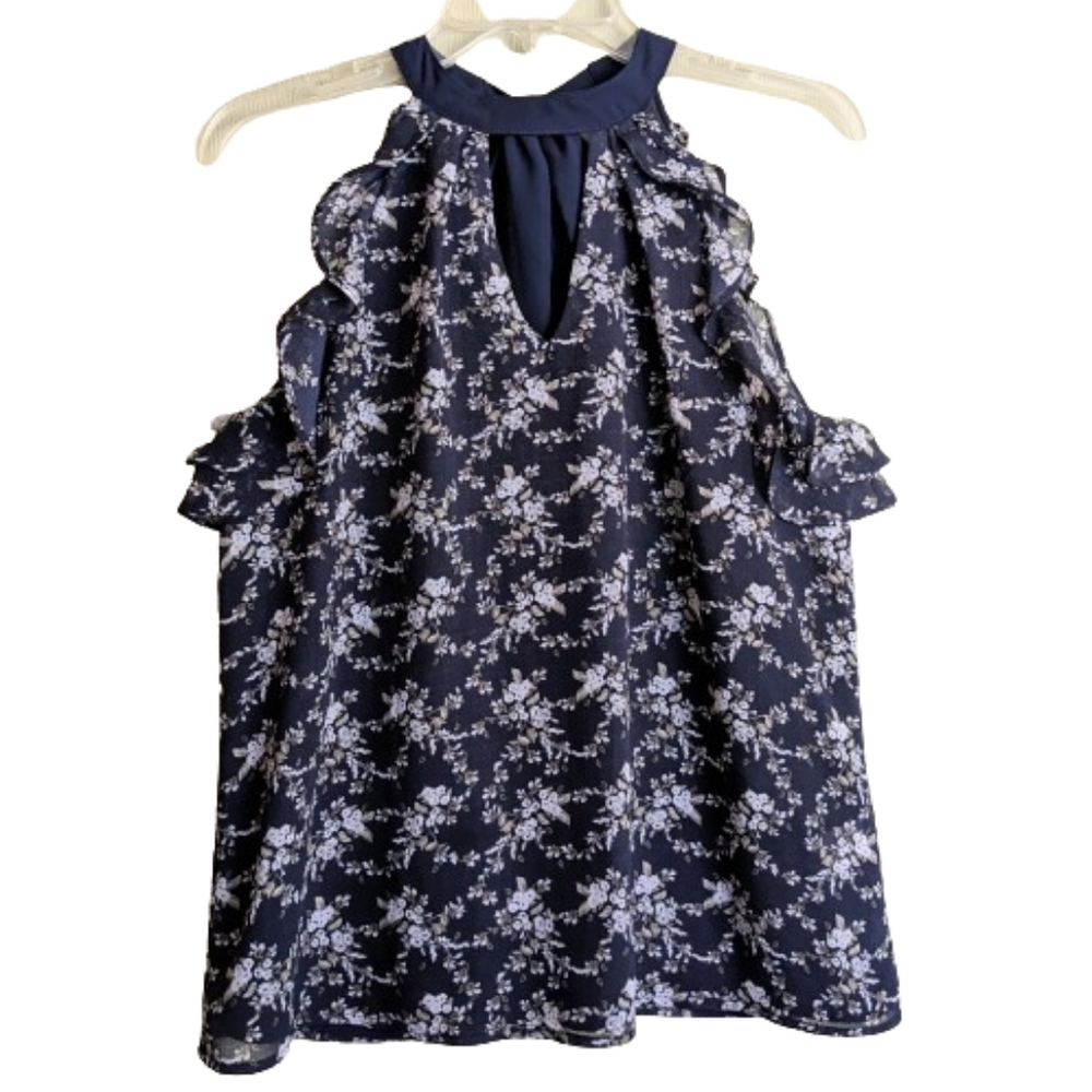 Chance or Fate Halter Top Blue Chiffon Floral Flowy Ruffle Choker Keyhole Sleev…